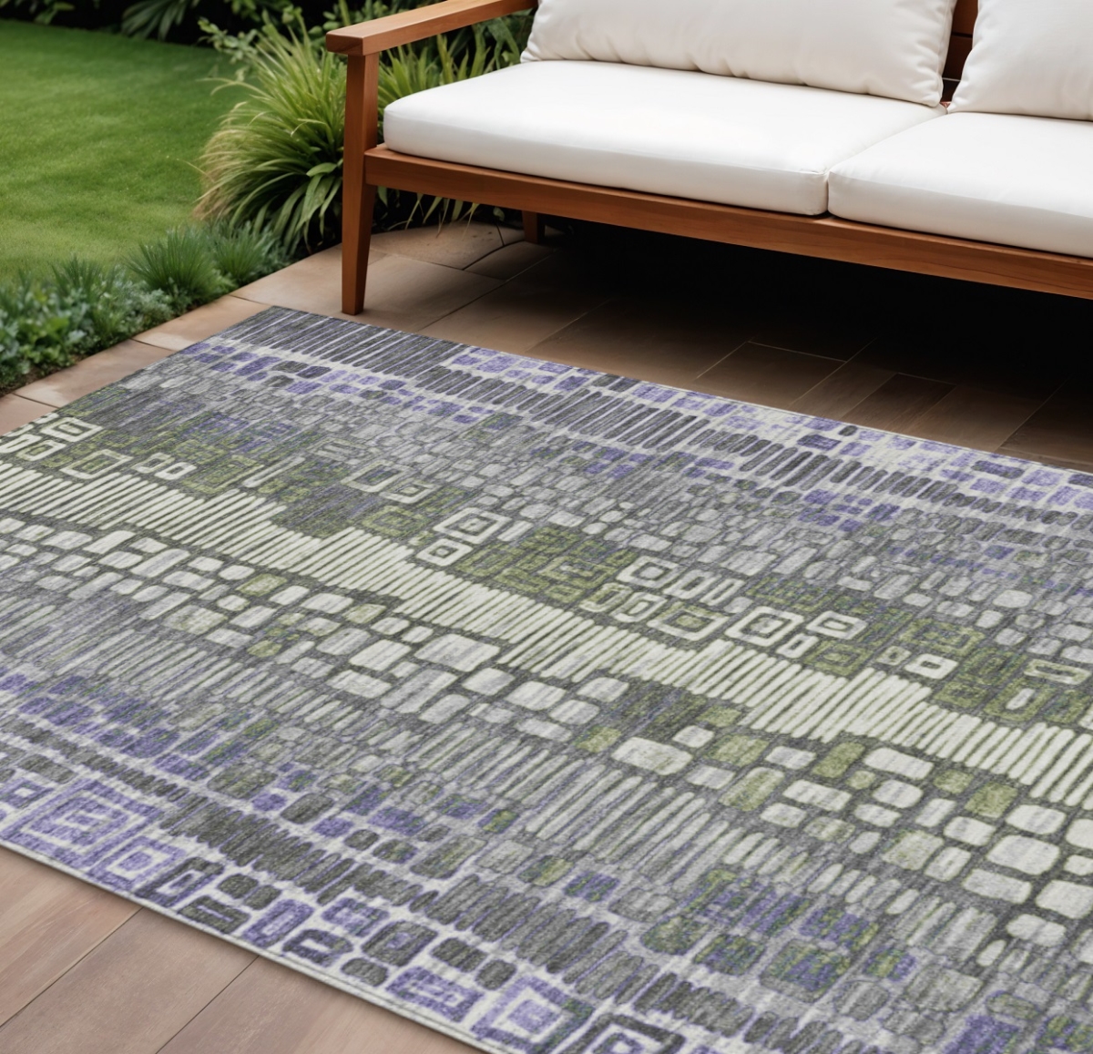 641323 8 x 10 ft. Purple Ivory & Green Geometric Washable Transitional Indoor & Outdoor Rectangle Area Rug