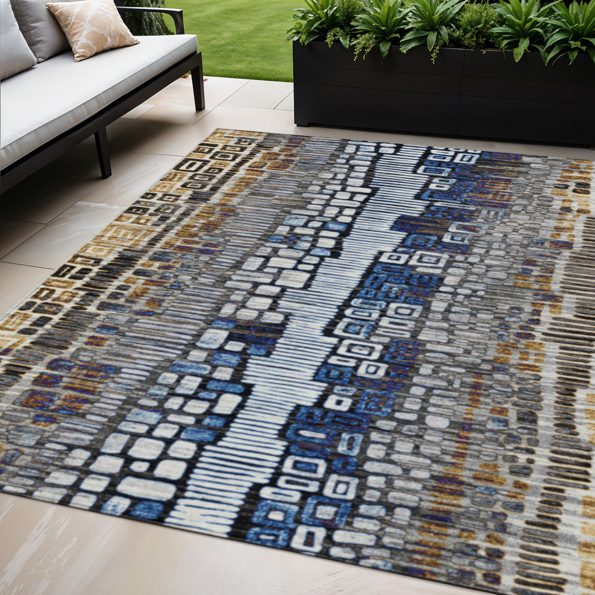 641327 5 x 8 ft. Pewter Ivory Blue & Gold Geometric Washable Transitional Indoor & Outdoor Rectangle Area Rug