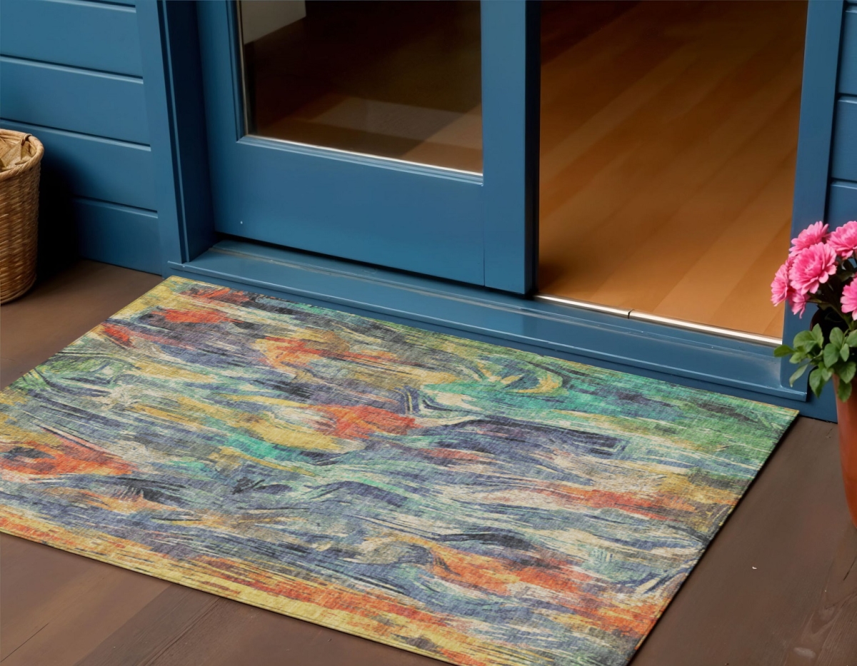 641344 3 x 5 ft. Denim Blue, Green & Gold Abstract Washable Transitional Indoor & Outdoor Rectangle Area Rug