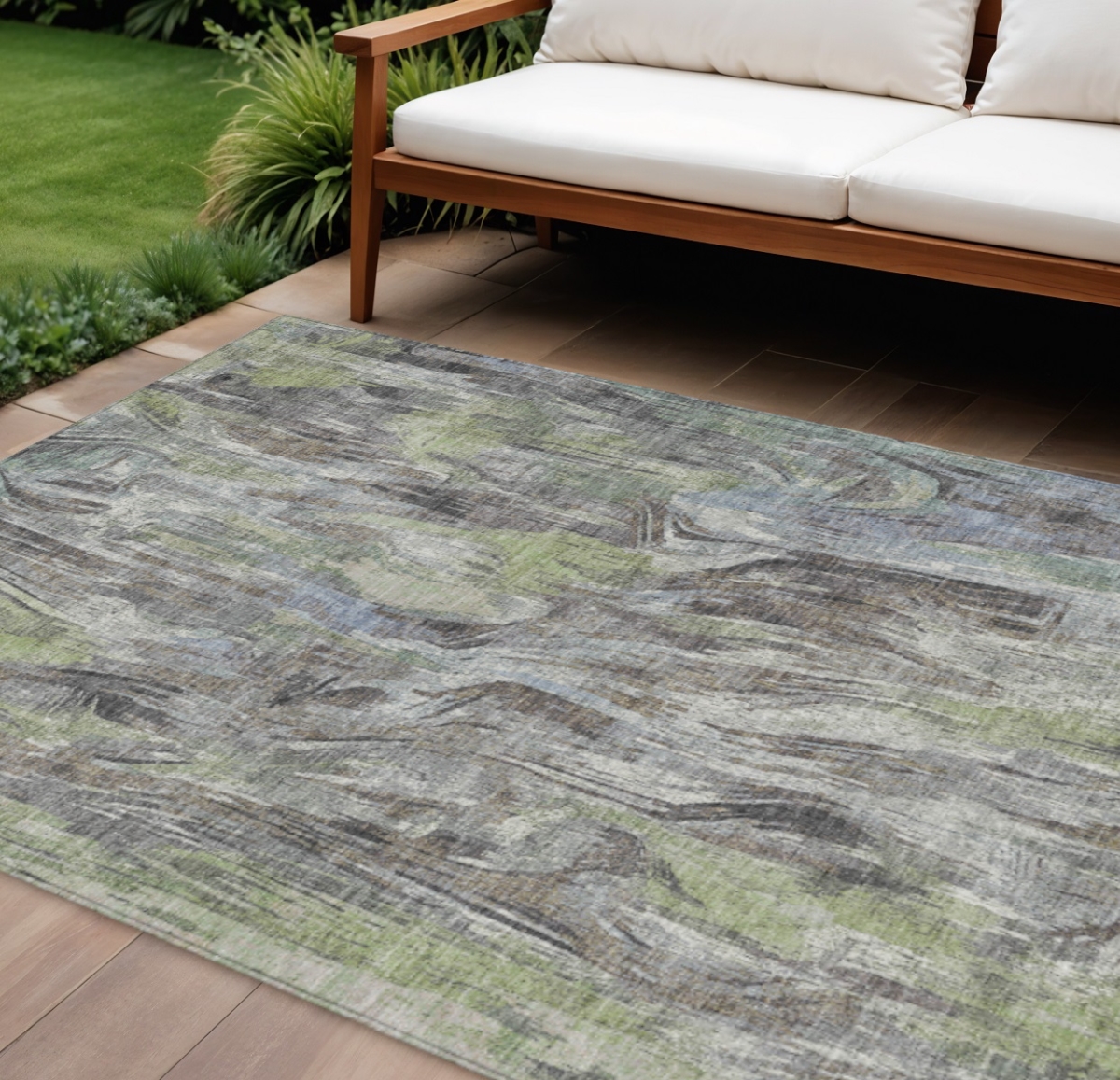 641354 9 x 12 ft. Fern Green & Gray Abstract Washable Transitional Indoor & Outdoor Rectangle Area Rug