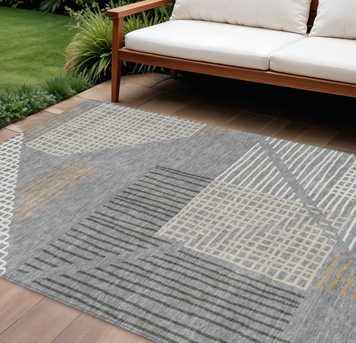 641396 9 x 12 ft. Gray & Ivory Striped Washable Transitional Indoor & Outdoor Rectangle Area Rug