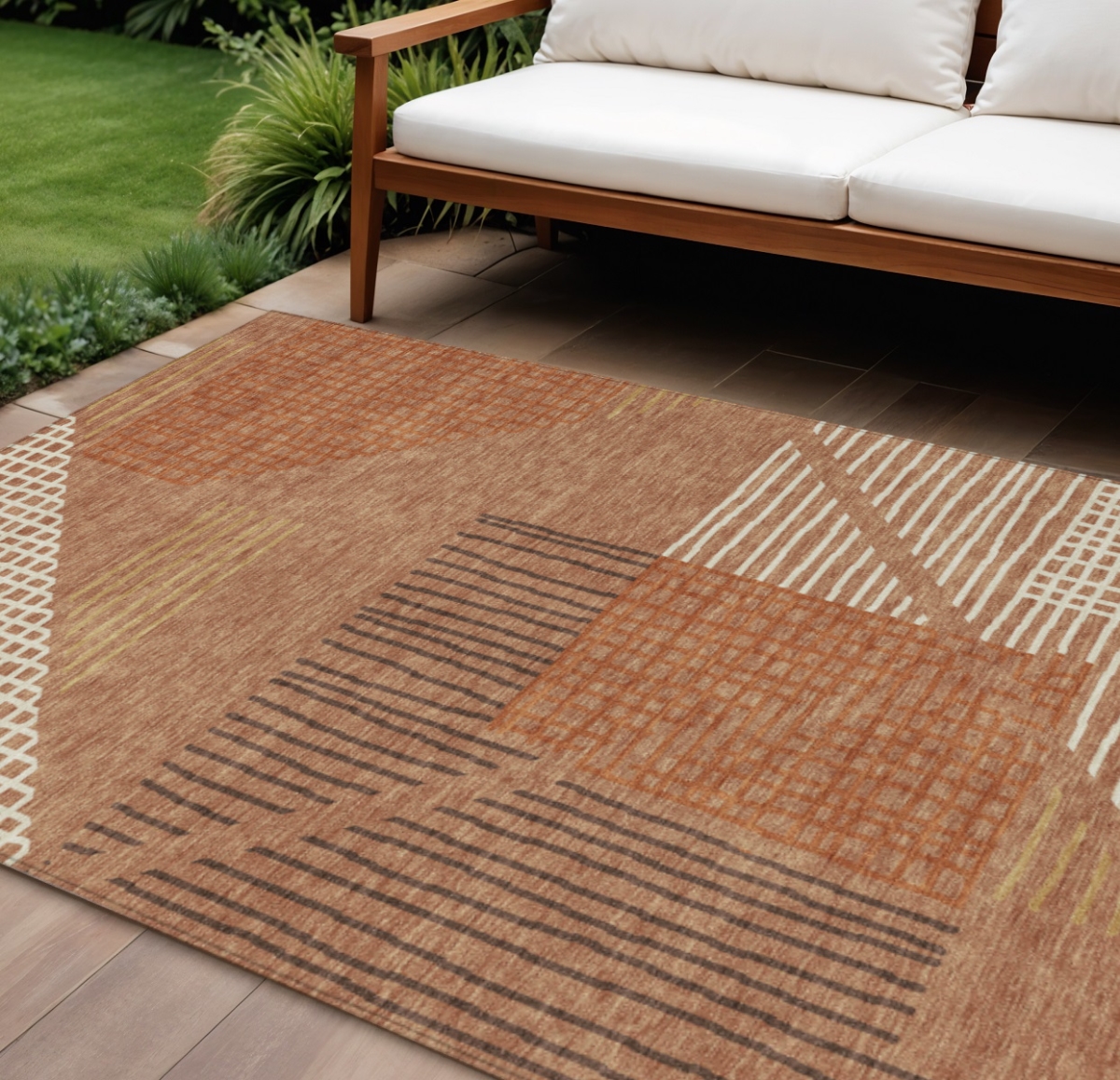 641415 10 x 14 ft. Rust & Ivory Striped Washable Transitional Indoor & Outdoor Rectangle Area Rug