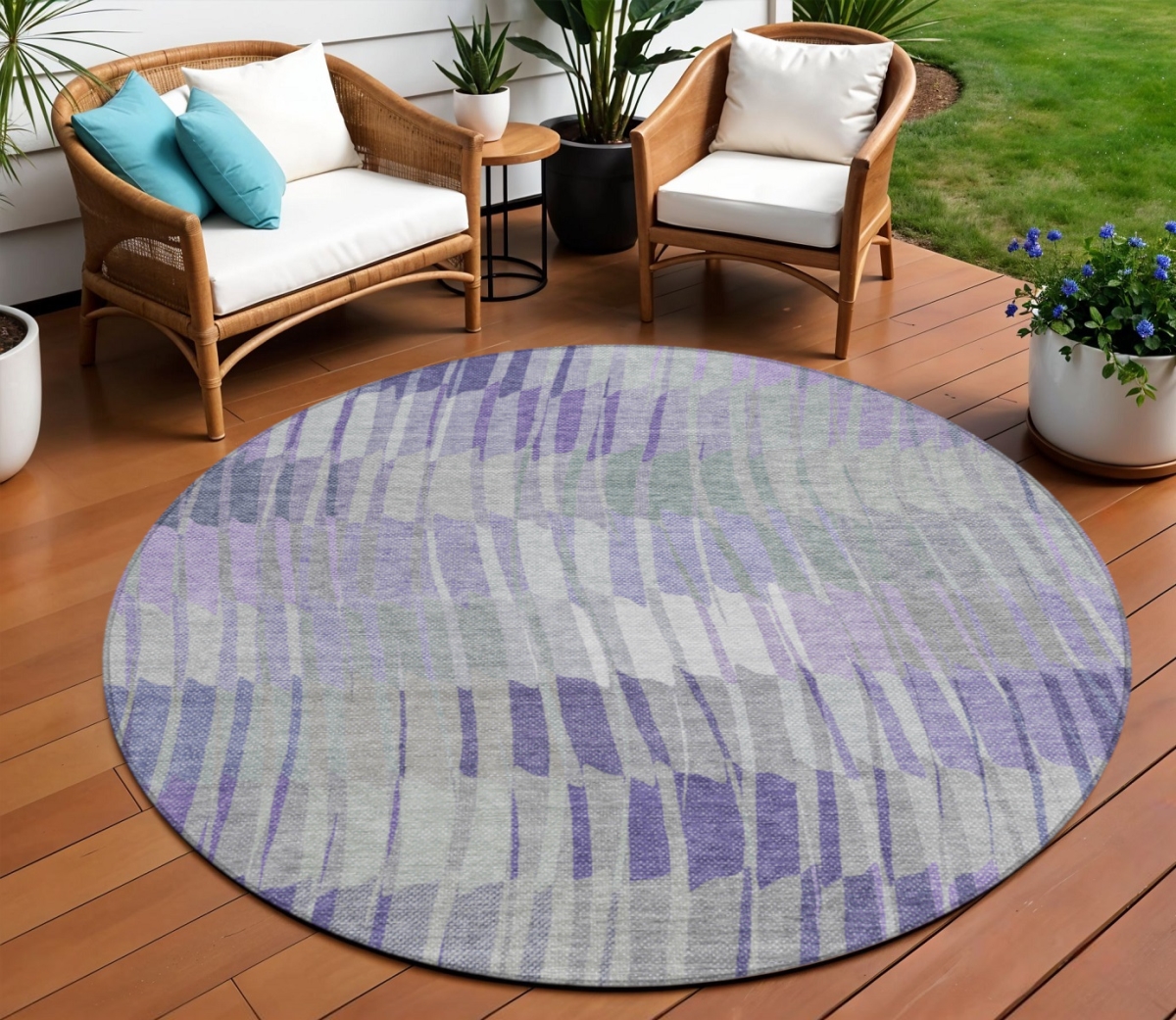641436 8 ft. Lavender & Ivory Striped Washable Transitional Indoor & Outdoor Round Area Rug