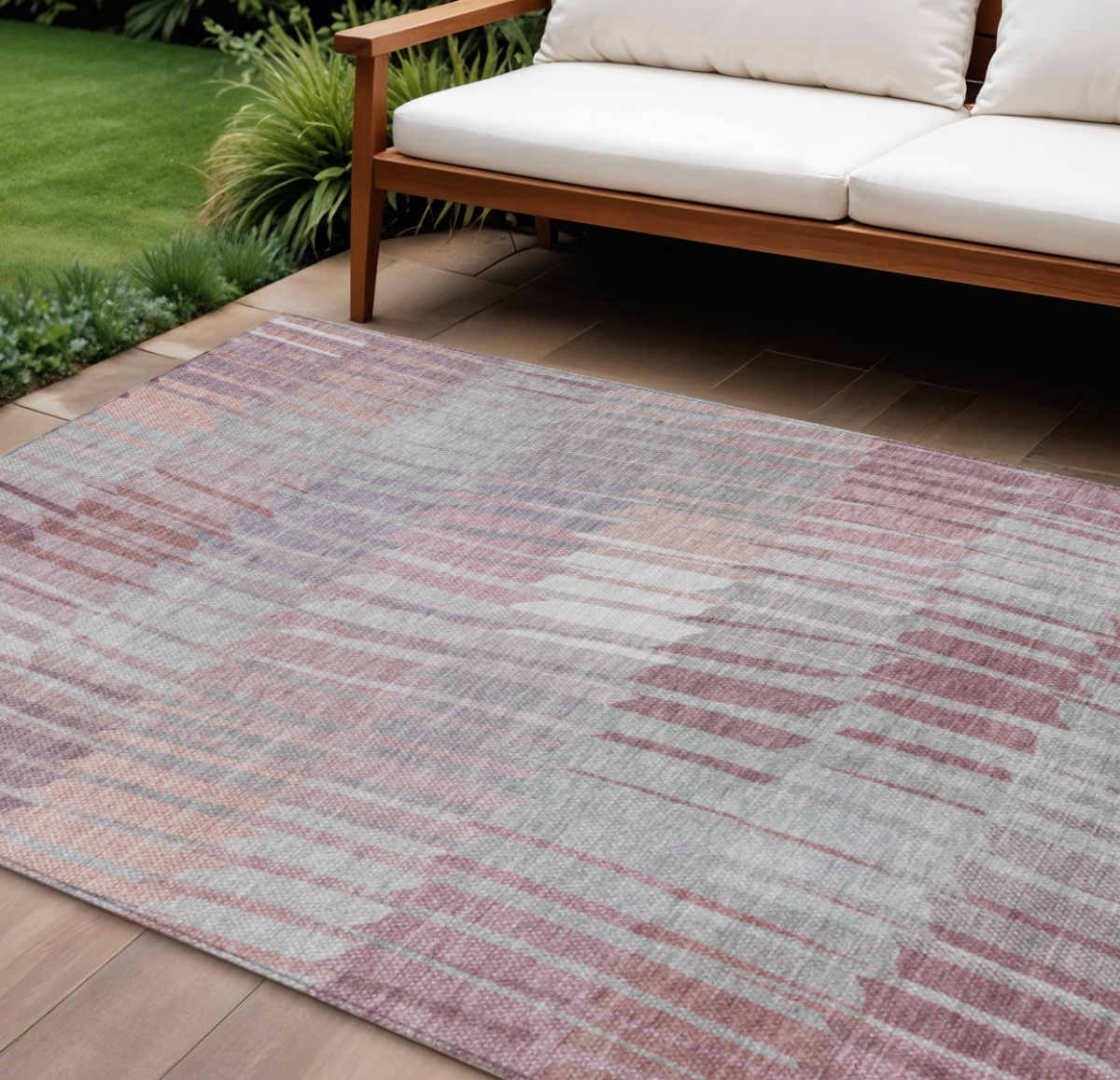 641445 10 x 14 ft. Merlot & Ivory Striped Washable Transitional Indoor & Outdoor Rectangle Area Rug