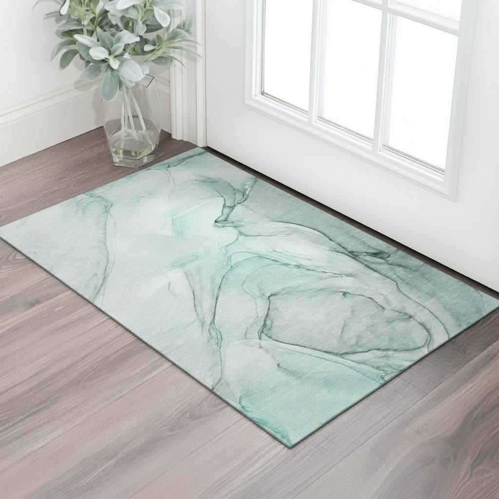 646651 3 x 5 ft. Teal & Ivory Abstract Transitional Washable Machine Made Rectangle Area Rug with UV Protection