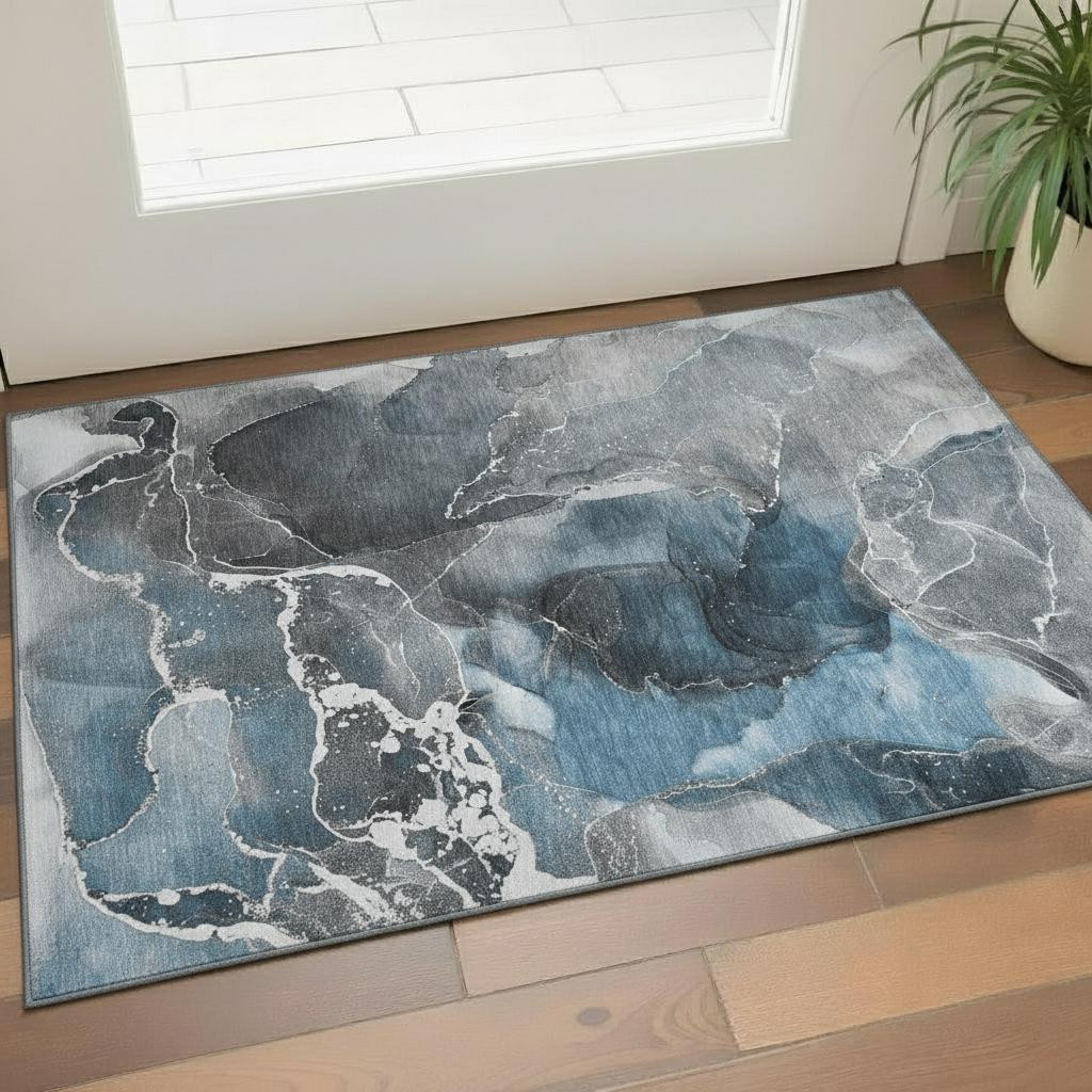 646657 3 x 5 ft. Blue & Charcoal Abstract Washable Machine Made Rectangle Area Rug with UV Protection