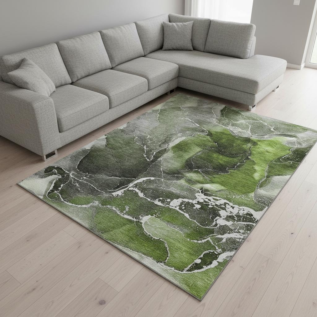 646679 9 x 12 ft. Green & Charcoal Abstract Contemporary Washable Machine Made Rectangle Area Rug with UV Protection