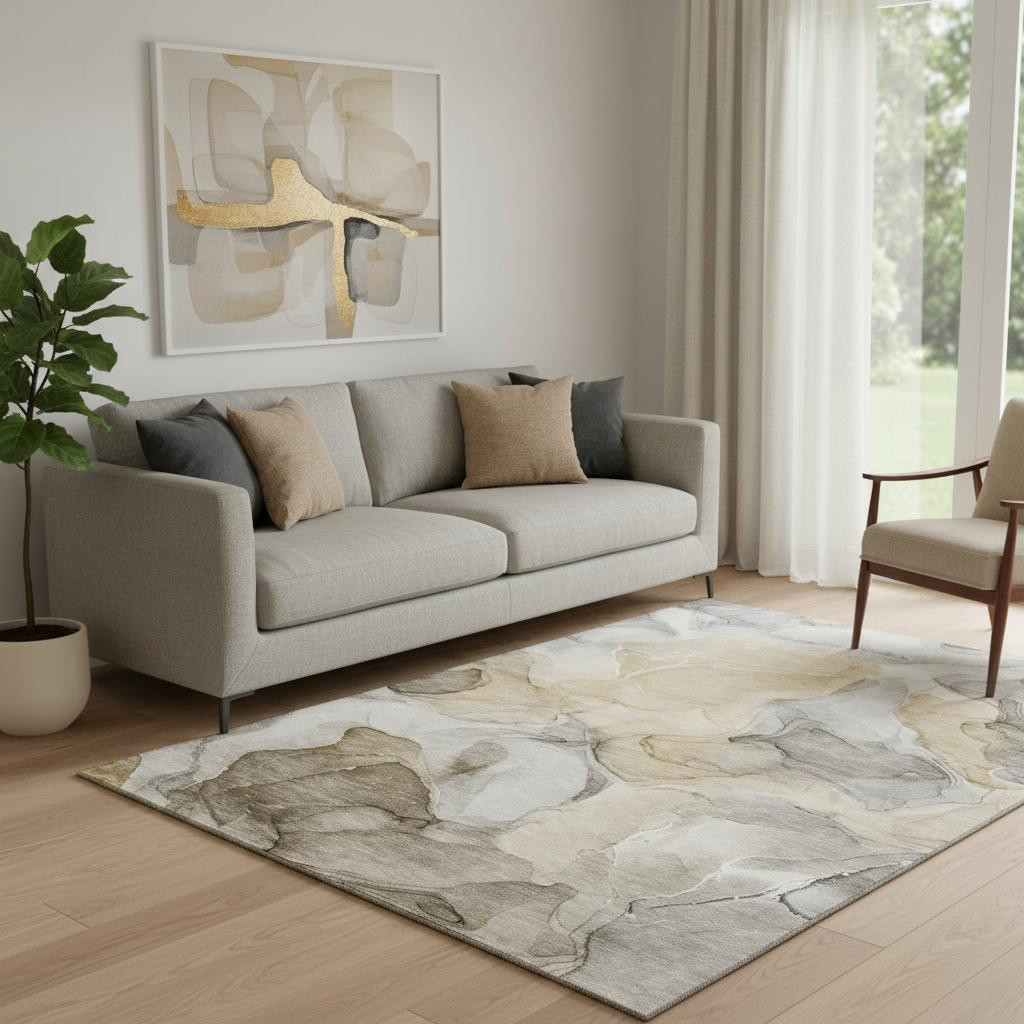 646706 5 x 8 ft. Brown, Gray & Ivory Abstract Transitional Washable Machine Made Rectangle Area Rug with UV Protection