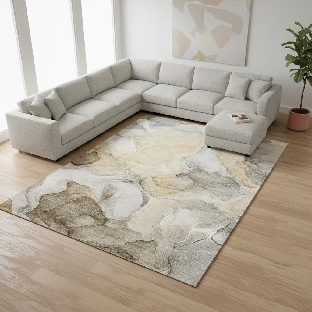 646710 10 x 14 ft. Brown, Gray & Ivory Abstract Transitional Washable Machine Made Rectangle Area Rug with UV Protection