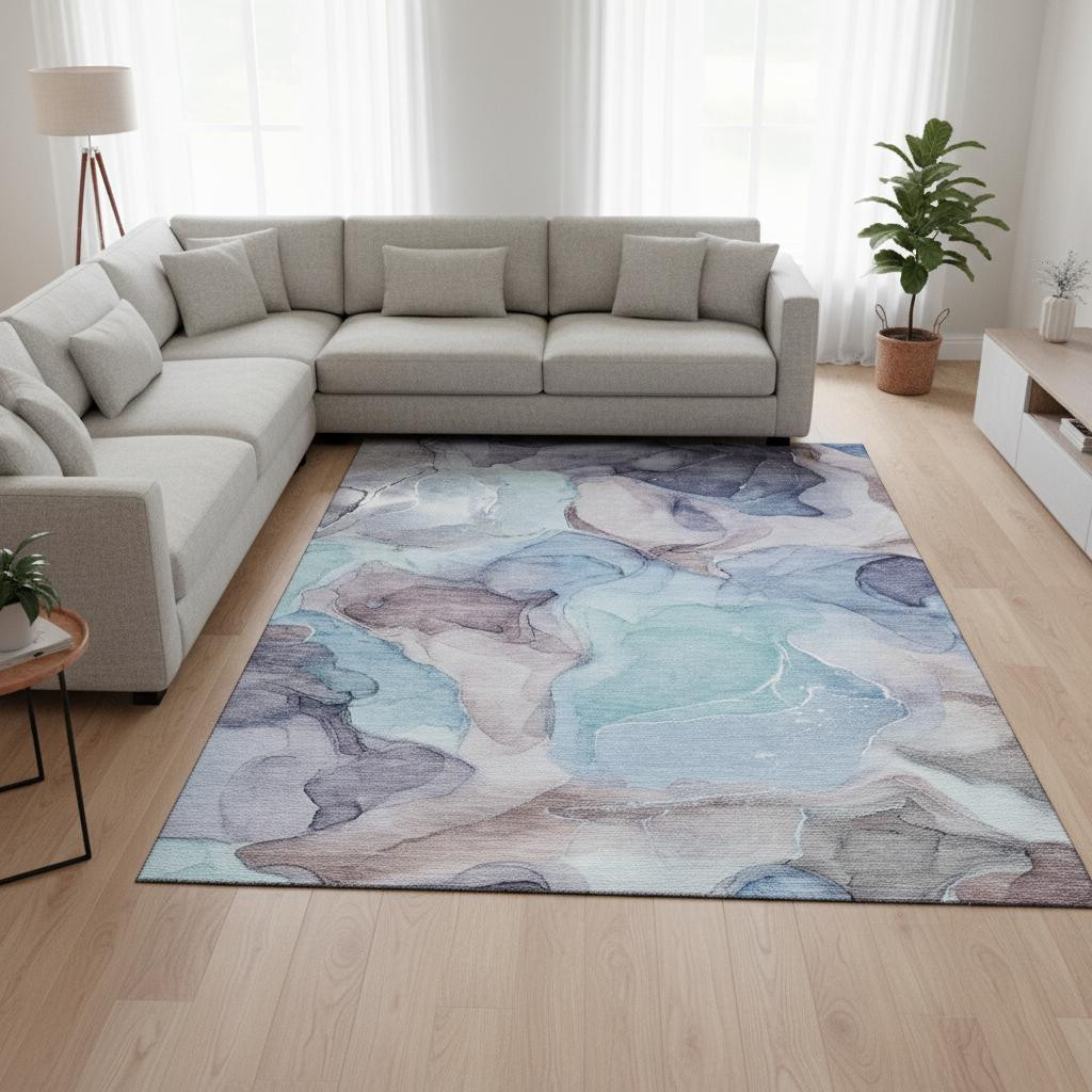 646727 9 x 12 ft. Navy Blue Purple & Gray Abstract Washable Machine Made Rectangle Area Rug with UV Protection