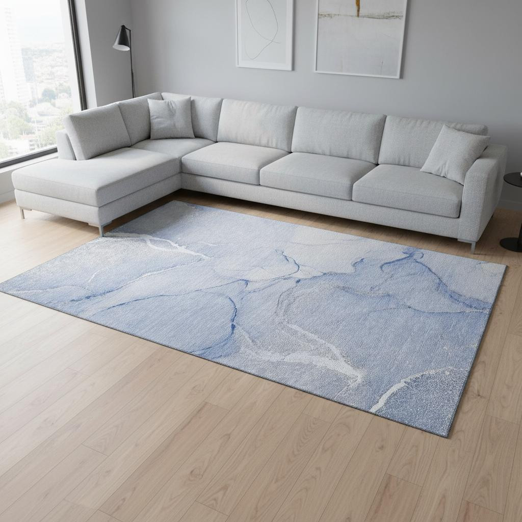 646959 9 x 12 ft. Blue & Ivory Abstract Transitional Washable Machine Made Rectangle Area Rug with UV Protection
