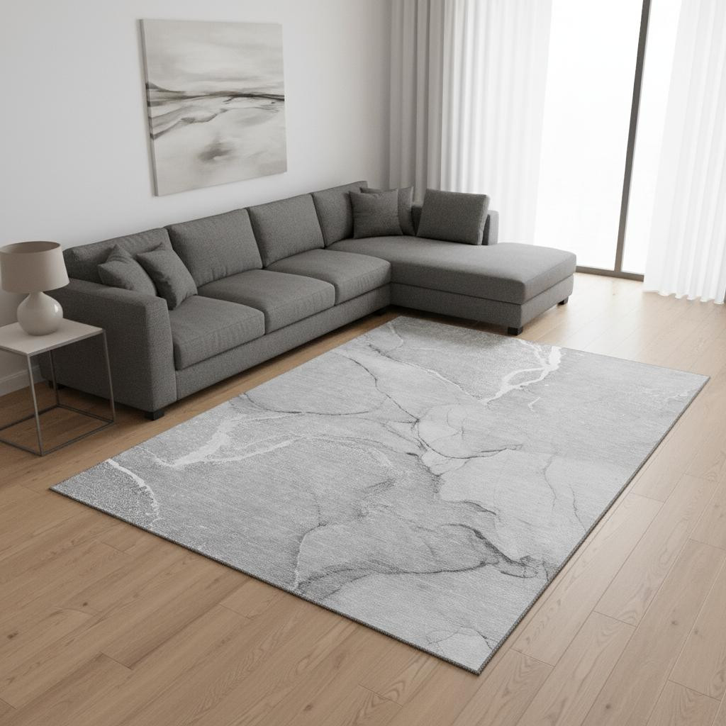 646966 10 x 14 ft. Gray & Ivory Abstract Transitional Washable Machine Made Rectangle Area Rug with UV Protection
