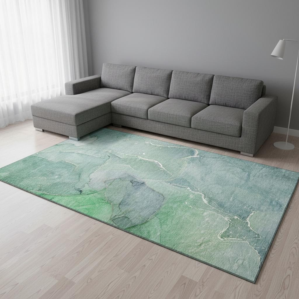 646994 8 x 10 ft. Teal & Ivory Abstract Transitional Washable Machine Made Rectangle Area Rug with UV Protection