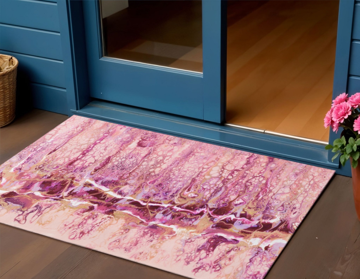 643535 3 x 5 ft. Raspberry Ivory & Gold Abstract Washable Contemporary Indoor & Outdoor Rectangle Area Rug