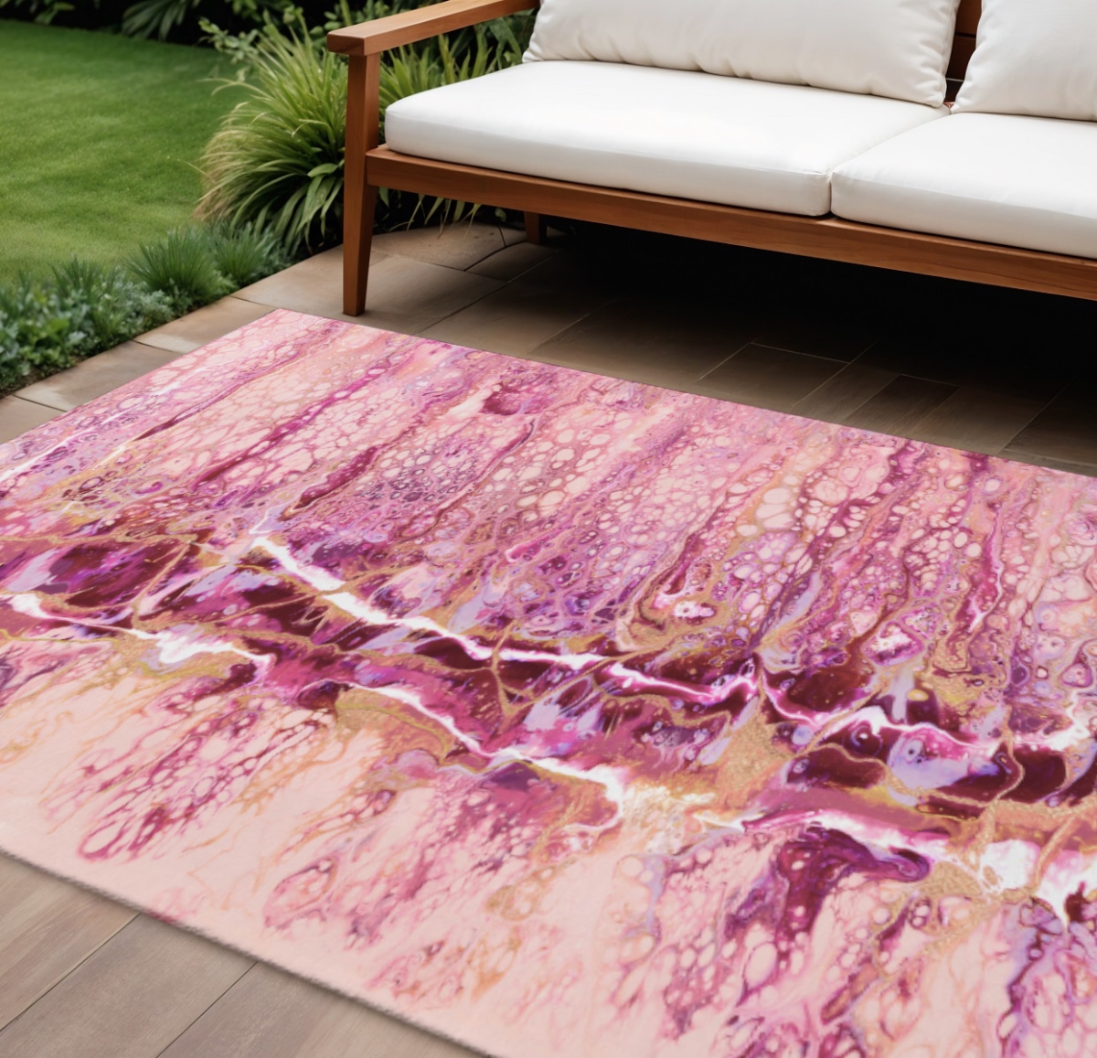643538 8 x 10 ft. Raspberry Ivory & Gold Abstract Washable Contemporary Indoor & Outdoor Rectangle Area Rug