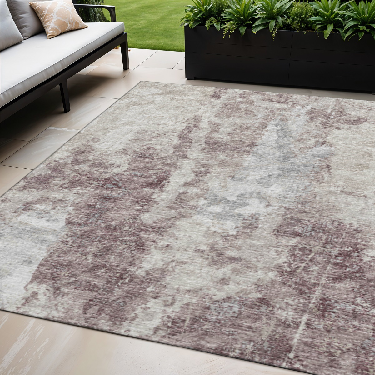 643620 5 x 8 ft. Plum & Ivory Abstract Washable Transitional Indoor & Outdoor Rectangle Area Rug
