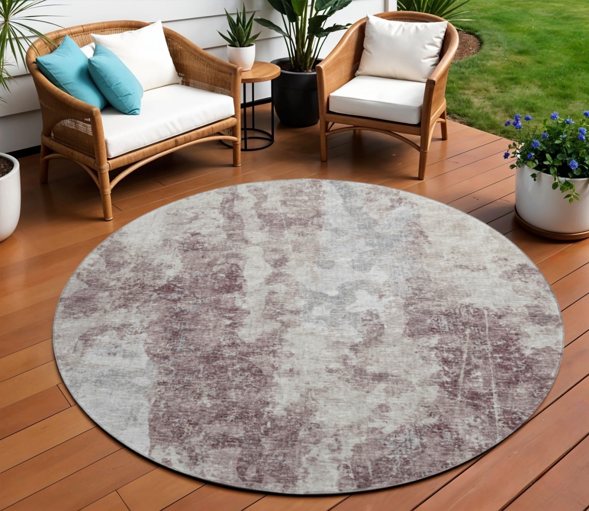 643621 8 ft. Plum & Ivory Abstract Washable Transitional Indoor & Outdoor Round Area Rug