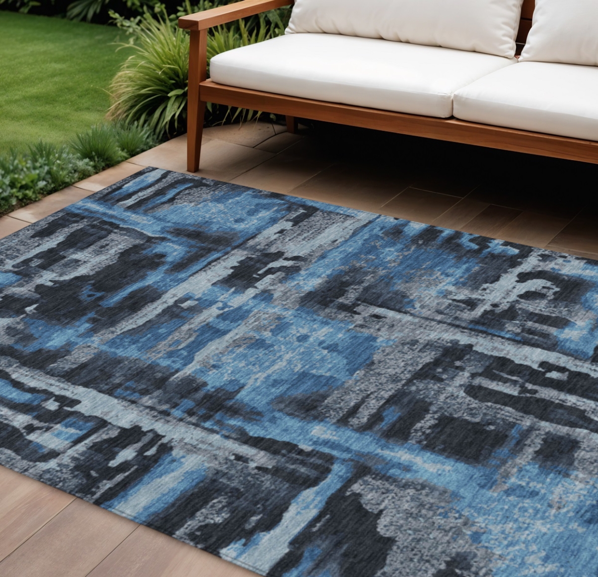 629141 9 x 12 ft. Black & Blue Abstract Washable Transitional Indoor & Outdoor Rectangle Area Rug