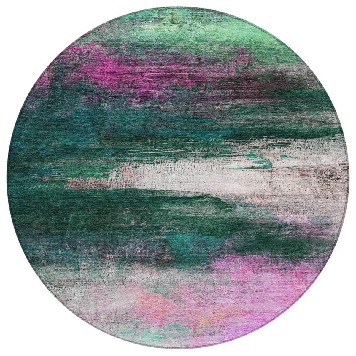 629205 8 ft. Green Blush & Ivory Abstract Washable Transitional Indoor & Outdoor Round Area Rug