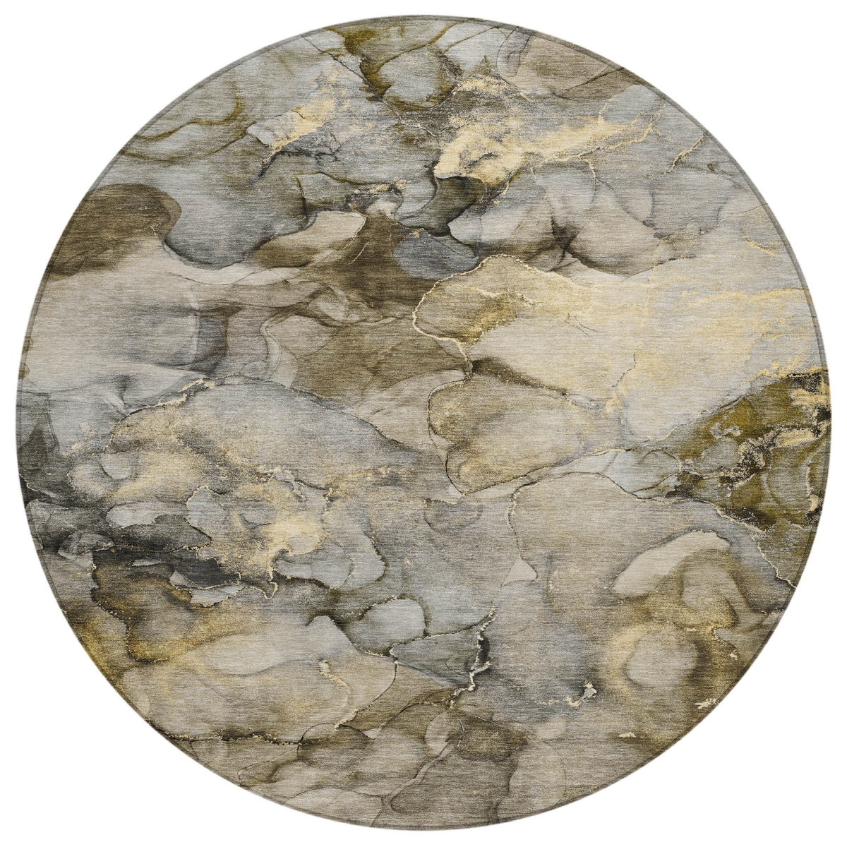 629277 8 ft. Pewter & Gold Abstract Washable Transitional Indoor & Outdoor Round Area Rug
