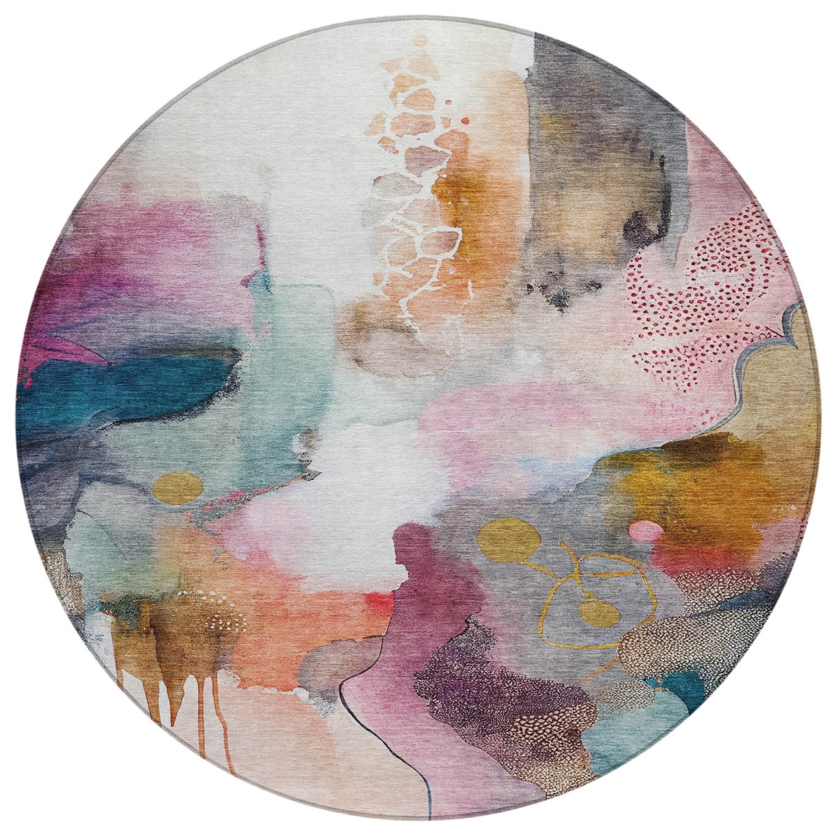 629283 8 ft. Blush Teal, Blue & Ivory Abstract Washable Transitional Indoor & Outdoor Round Area Rug