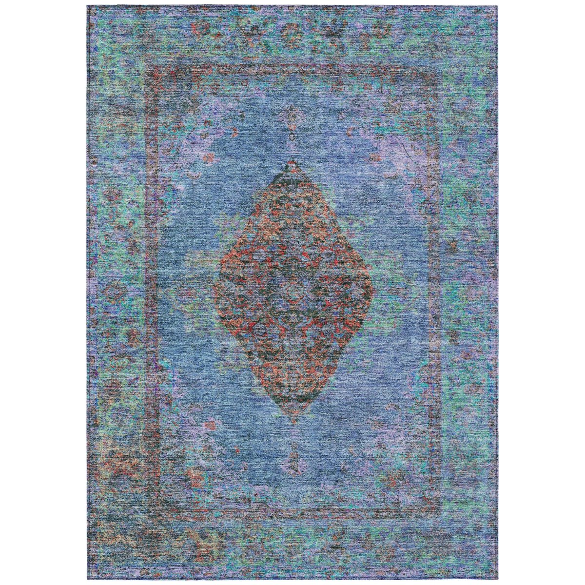 629345 9 x 12 ft. Blue & Rust Medallion Washable Traditional Indoor & Outdoor Rectangle Area Rug