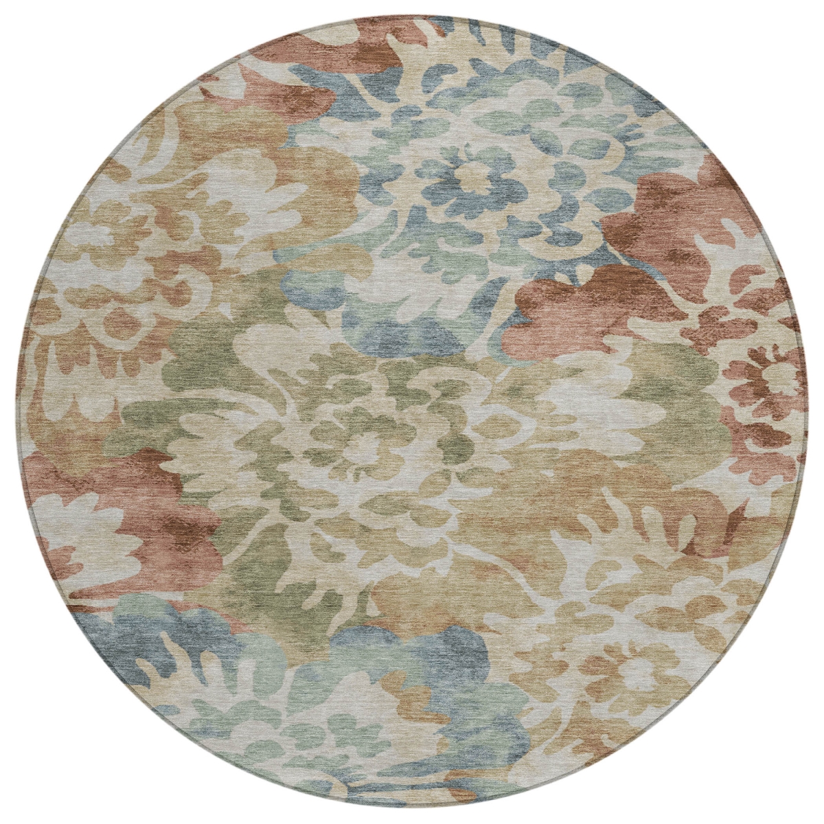 629577 8 ft. Rust & Beige Floral Washable Transitional Indoor & Outdoor Round Area Rug