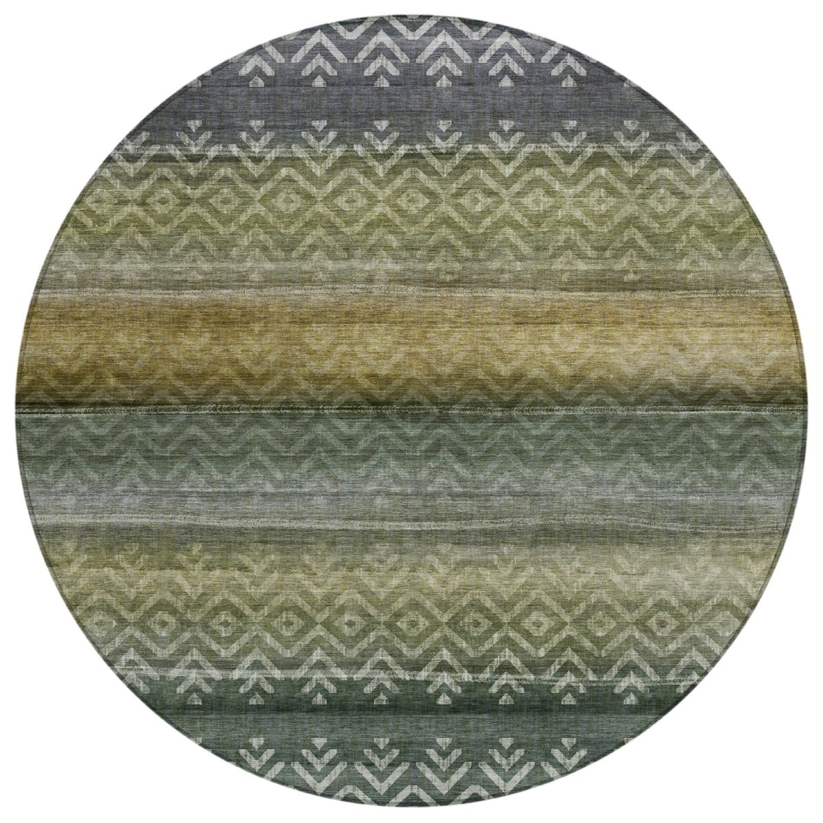 630041 8 ft. Green & Gold Geometric Washable Transitional Indoor & Outdoor Round Area Rug