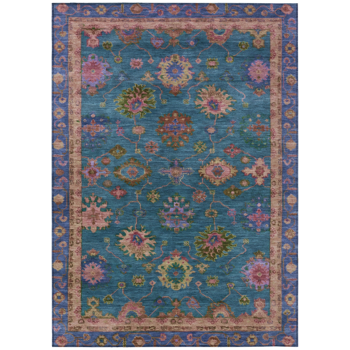 630138 8 x 10 ft. Teal, Blue & Gold Floral Washable Traditional Indoor & Outdoor Rectangle Area Rug