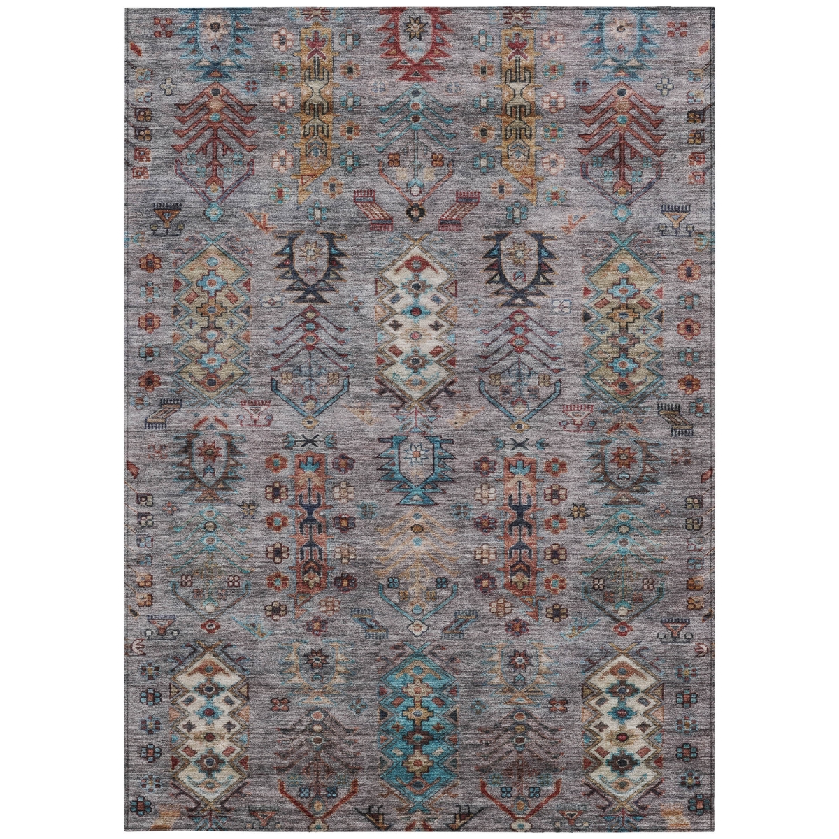 630164 10 x 14 ft. Gray & Teal Blue Tribal Washable Traditional Indoor & Outdoor Rectangle Area Rug