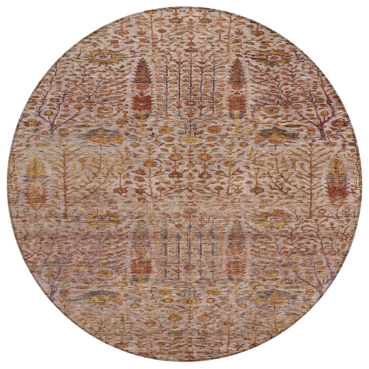 630323 8 ft. Terra Cotta & Beige Floral Washable Transitional Indoor & Outdoor Round Area Rug