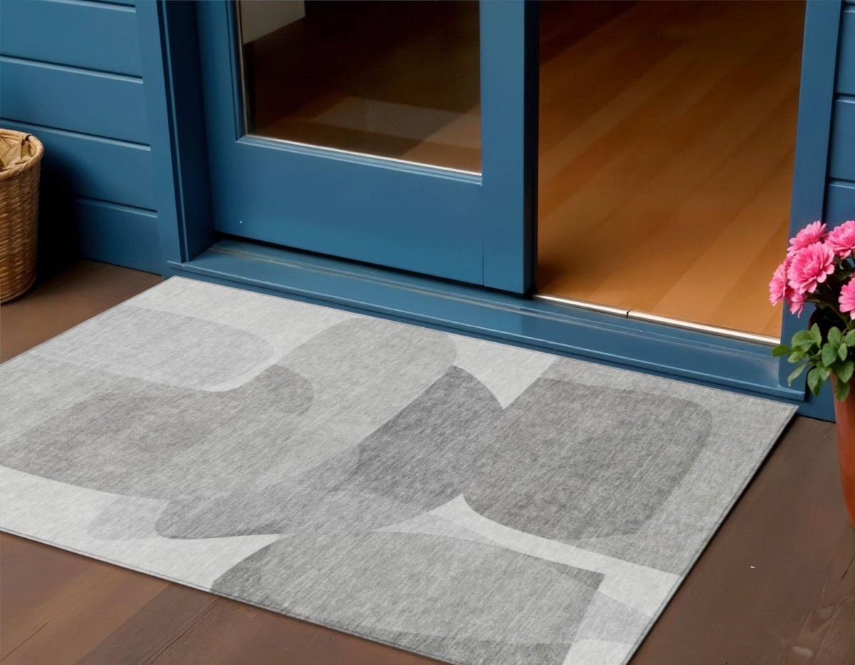 632161 3 x 5 ft. Linen & Gray Abstract Washable Transitional Indoor & Outdoor Rectangle Area Rug