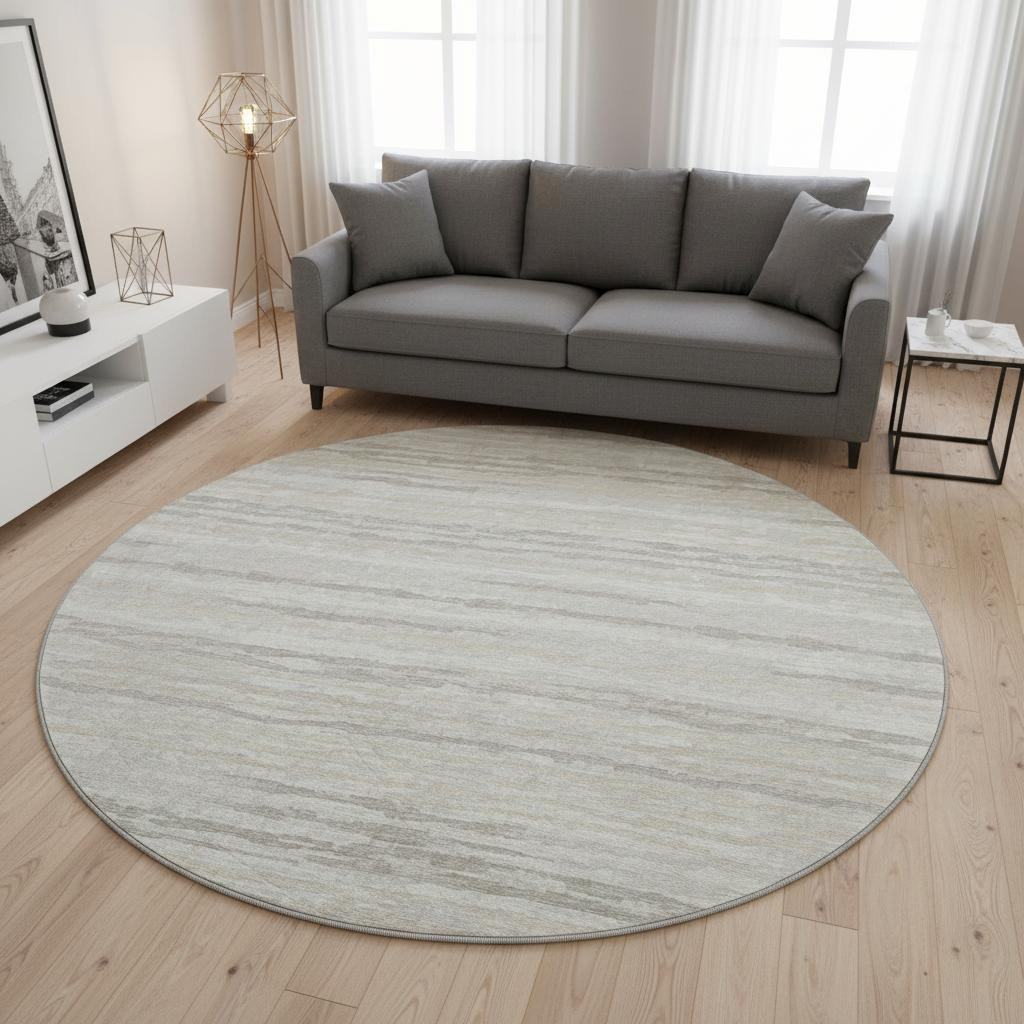 644032 8 ft. Khaki & Ivory Striped Transitional Washable Round Area Rug with UV Protection