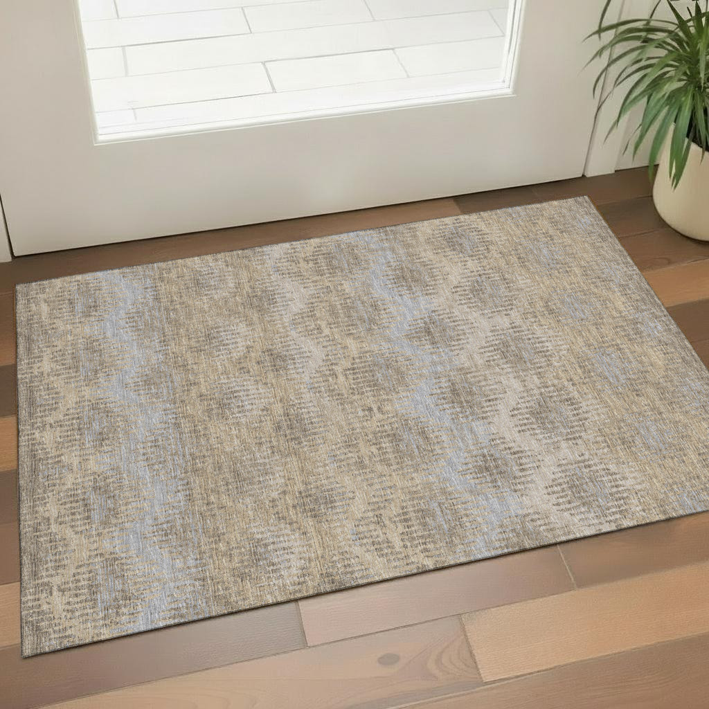 644157 3 x 5 ft. Brown, Ivory & Sky Blue Abstract Washable Machine Made Rectangle Area Rug with UV Protection