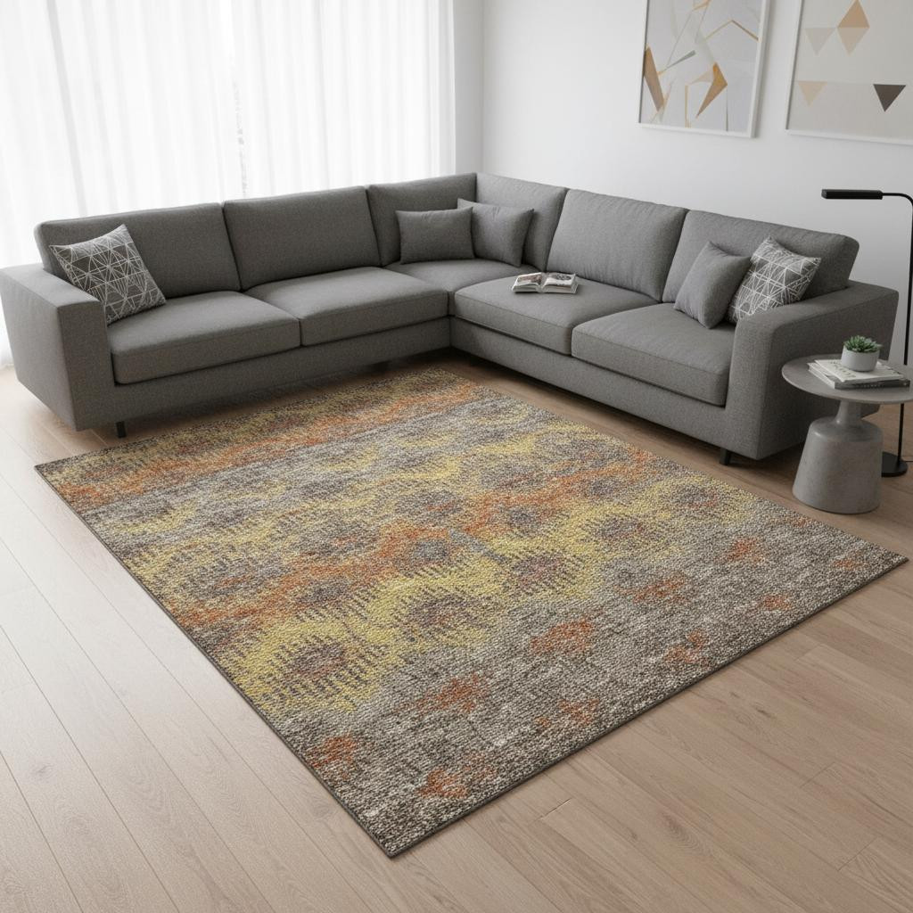 644173 9 x 12 ft. Burnt Sienna Gold & Gray Abstract Washable Machine Made Rectangle Area Rug with UV Protection