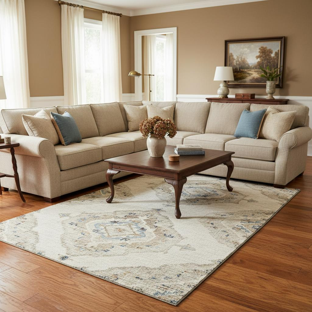 644178 8 x 10 ft. Linen, Ivory & Blue Tribal Washable Machine Made Rectangle Area Rug with UV Protection
