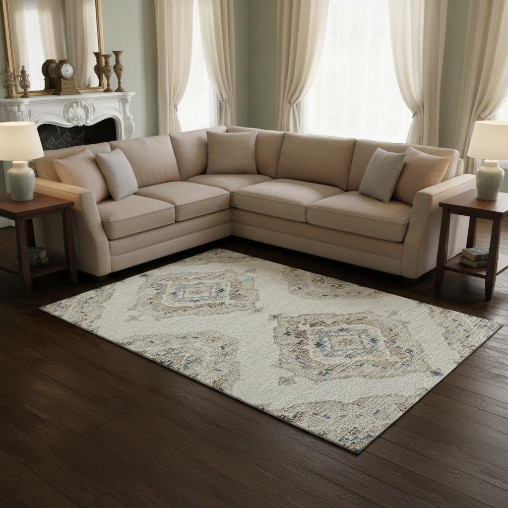 644179 9 x 12 ft. Linen, Ivory & Blue Tribal Washable Machine Made Rectangle Area Rug with UV Protection