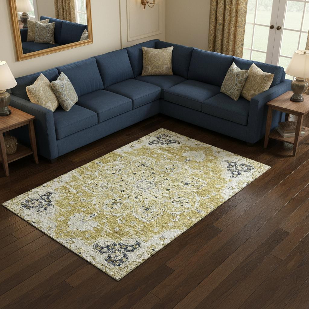 644538 10 x 14 ft. Gold Ivory & Blue Floral Medallion Washable Machine Made Rectangle Area Rug with UV Protection