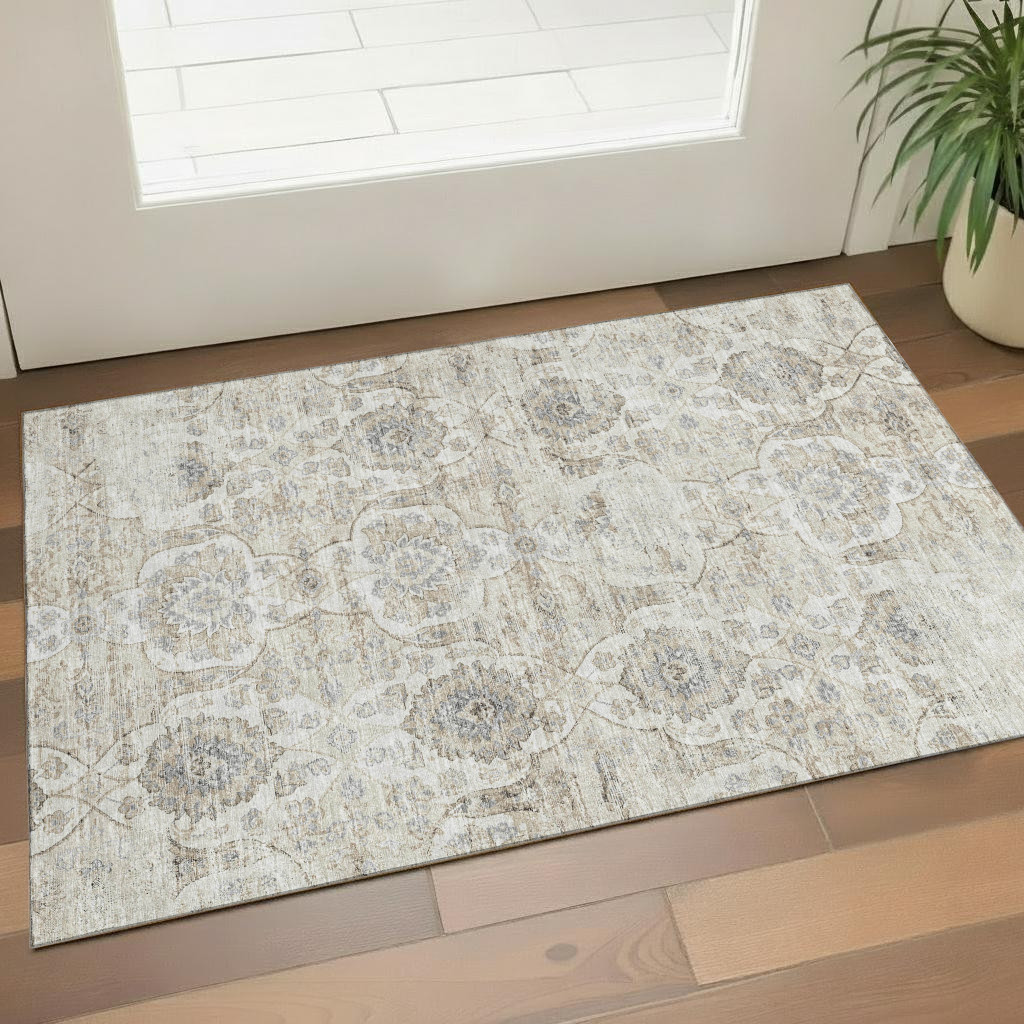 644575 3 x 5 ft. Linen & Ivory Floral Medallion Washable Machine Made Rectangle Area Rug with UV Protection