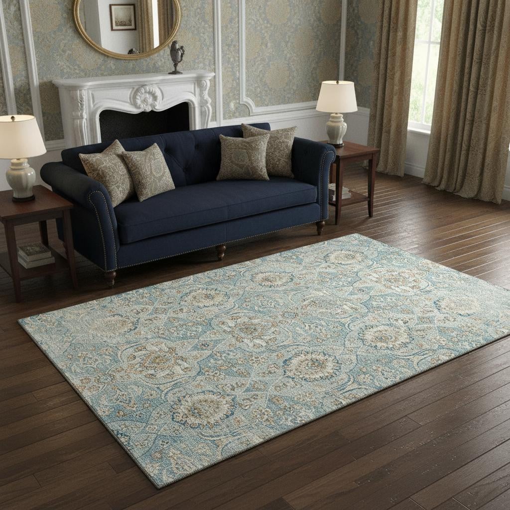 644582 5 x 8 ft. Persian Blue Coffee & Ivory Floral Medallion Washable Machine Made Rectangle Area Rug with UV Protection