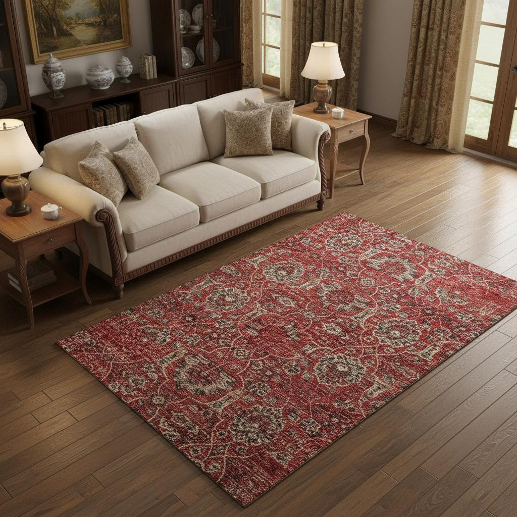 644588 5 x 8 ft. Red & Beige Floral Medallion Washable Machine Made Rectangle Area Rug with UV Protection
