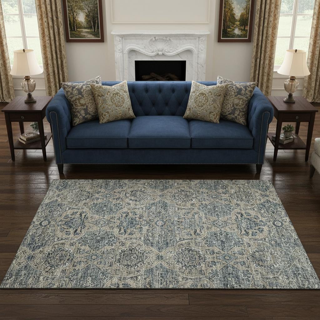 644594 5 x 8 ft. Denim Blue & Gray Floral Medallion Washable Machine Made Rectangle Area Rug with UV Protection