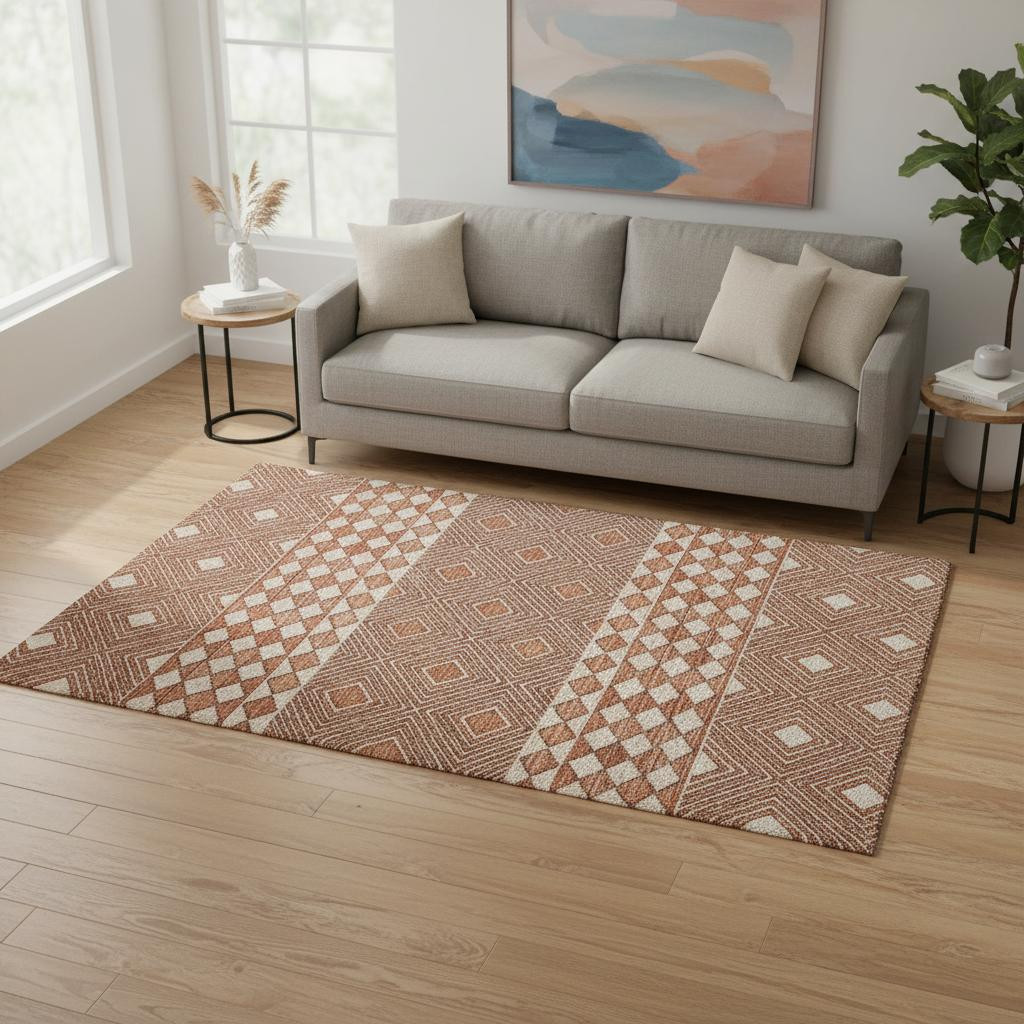 644756 5 x 8 ft. Burnt Sienna & Ivory Geometric Washable Machine Made Rectangle Area Rug with UV Protection