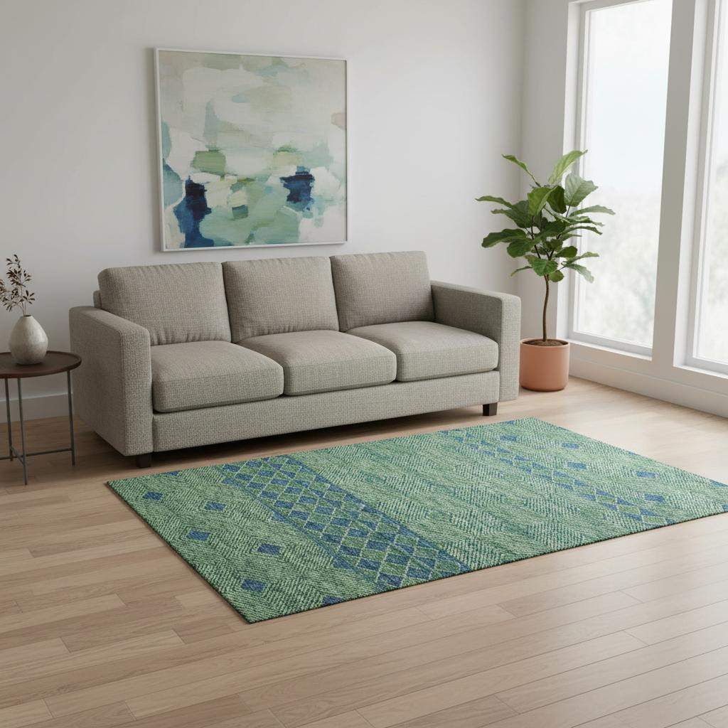 644762 5 x 8 ft. Green & Navy Blue Geometric Washable Machine Made Rectangle Area Rug with UV Protection