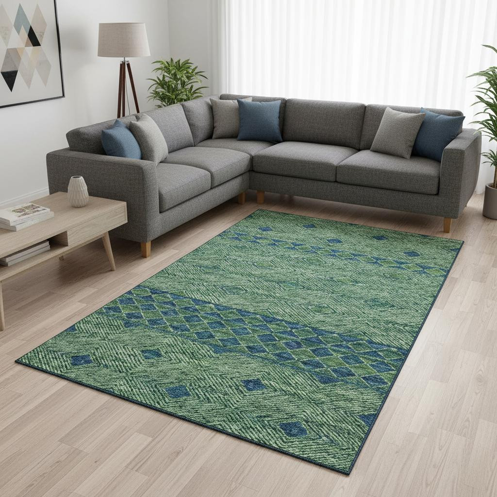 644765 9 x 12 ft. Green & Navy Blue Geometric Washable Machine Made Rectangle Area Rug with UV Protection