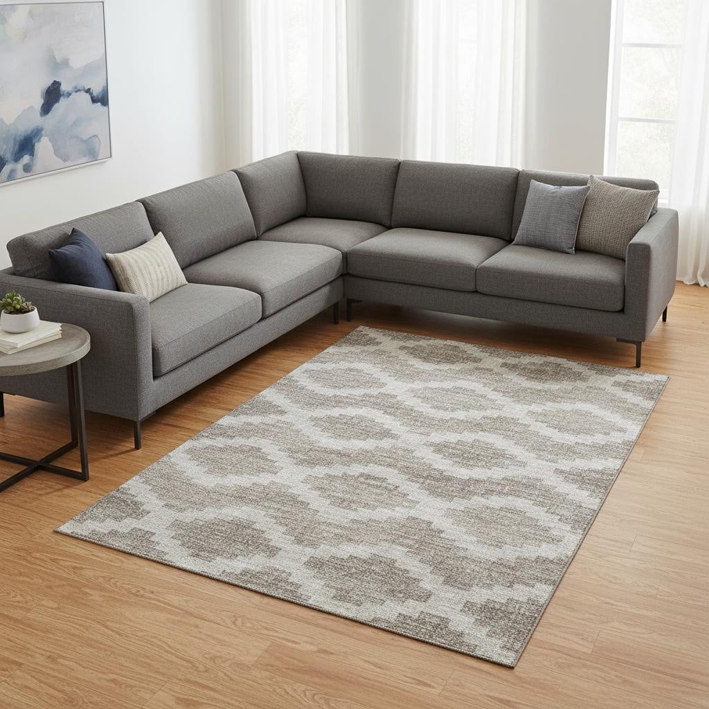644945 9 x 12 ft. Tan Ivory & Beige Tribal Washable Machine Made Rectangle Area Rug with UV Protection