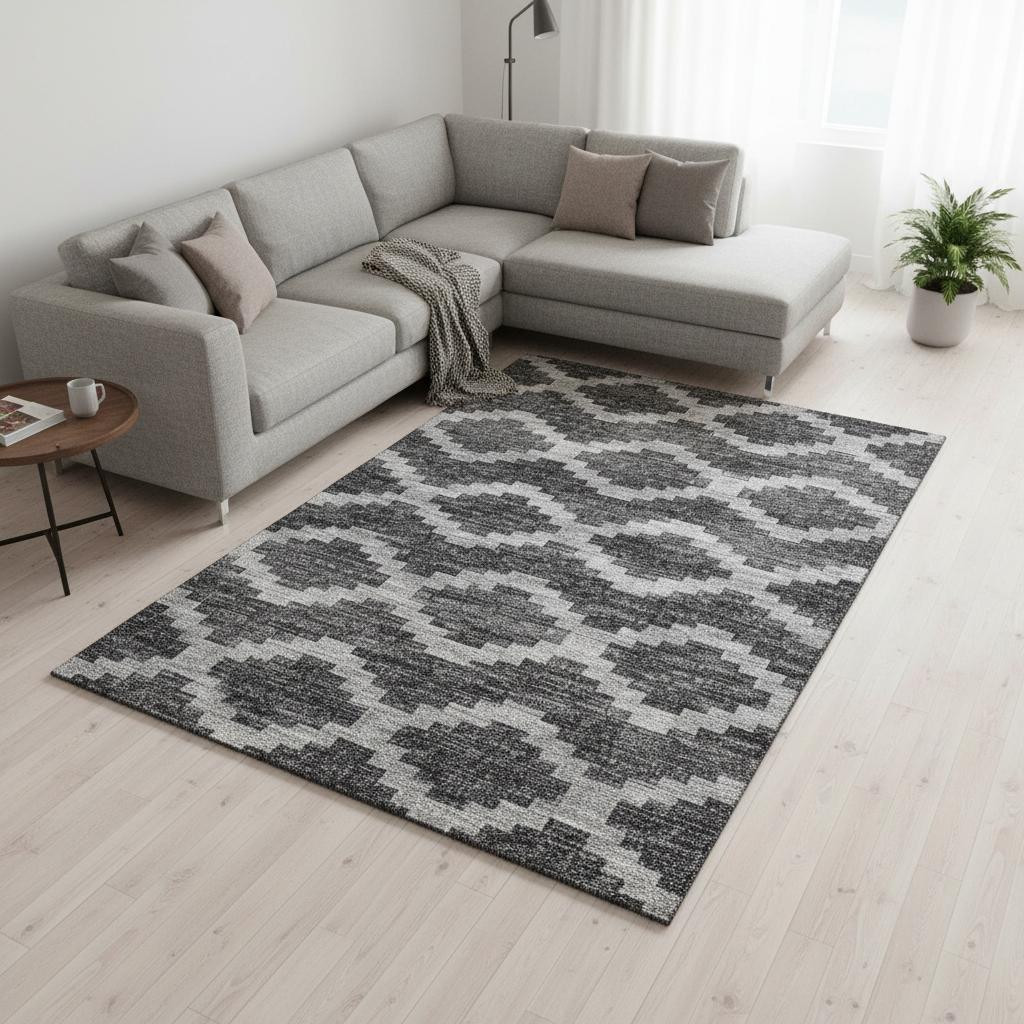 644956 8 x 10 ft. Gray, Ivory & Charcoal Tribal Washable Machine Made Rectangle Area Rug with UV Protection