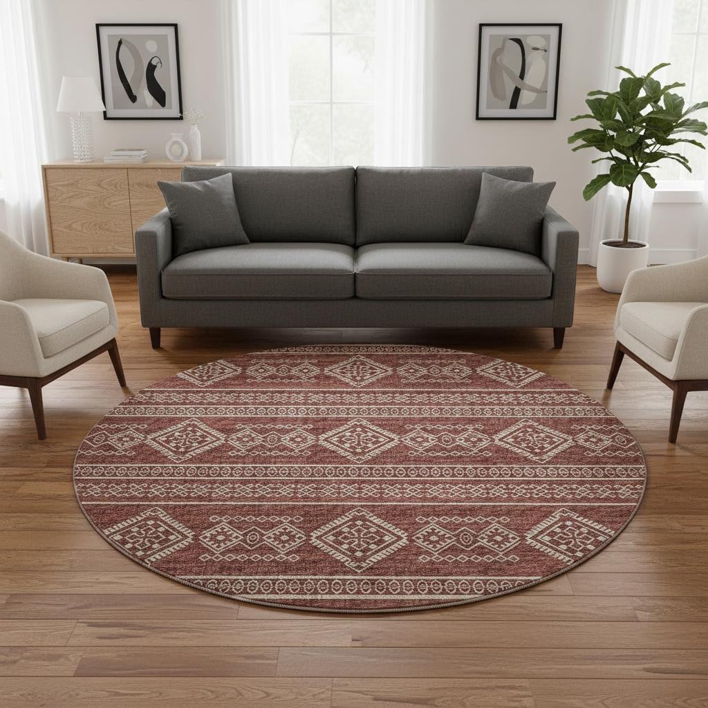 645076 8 ft. Burnt Sienna & Ivory Tribal Transitional Washable Round Area Rug with UV Protection