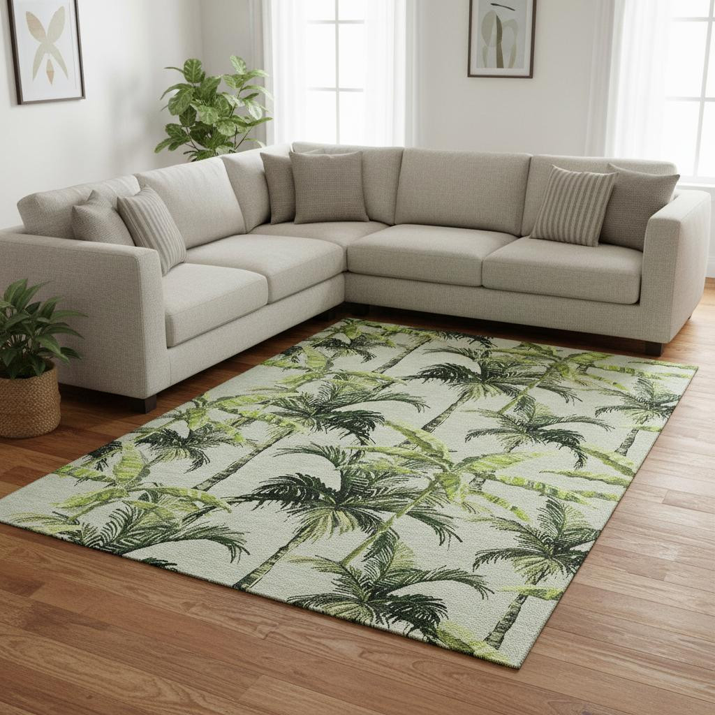 646366 9 x 12 ft. Green, Ivory & Charcoal Geometric Washable Machine Made Rectangle Area Rug with UV Protection