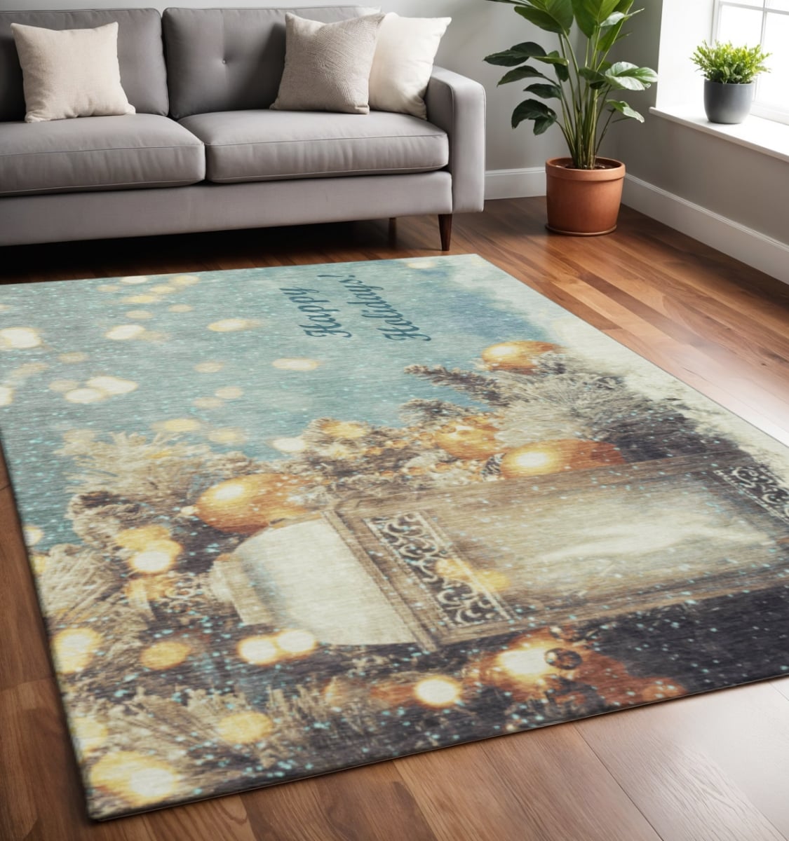 646417 5 x 8 ft. Blue Gold & Ivory Geometric Washable Machine Made Rectangle Area Rug with UV Protection